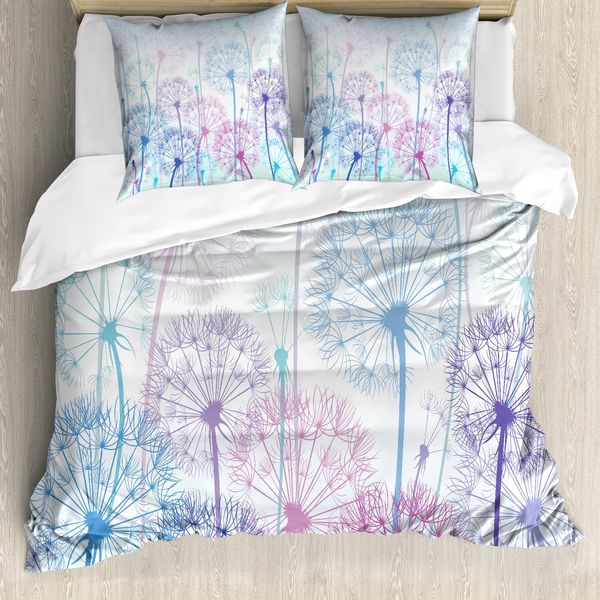 Abakuhaus Copripiumino Dente Di Leone, Disegno Floreale Astratto, Antiacaro, Adatto A Chi Soffre Di Allergie, Con Federe, 200 Cm X 200 Cm - 80 X 80 Cm, Azzurro, Viola, Rosa-image