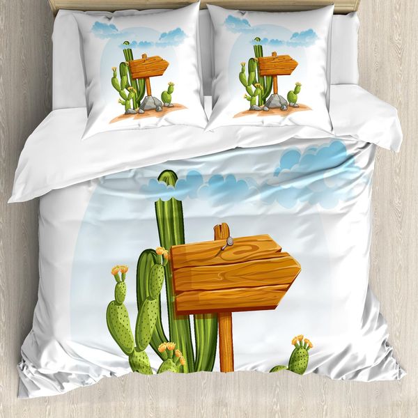 Abakuhaus Copripiumino Cactus, Cartoon Desert Flora, Antiacaro, Adatto A Chi Soffre Di Allergie, Con Federe, 200 Cm X 200 Cm - 80 X 80 Cm, Multicolore-image