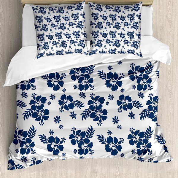 Abakuhaus Copripiumino Hawaii, Motivo Floreale Monocromatico, Antiacaro, Adatto A Chi Soffre Di Allergie, Con Federe, 200 Cm X 200 Cm - 80 X 80 Cm, Blu Navy-Bianco-image
