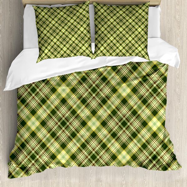 Abakuhaus Copripiumino Verde E Marrone, Tartan Diagonale, Antiacaro, Adatto A Chi Soffre Di Allergie, Con Federe, 200 Cm X 200 Cm - 80 X 80 Cm, Verde Felce Marrone-image