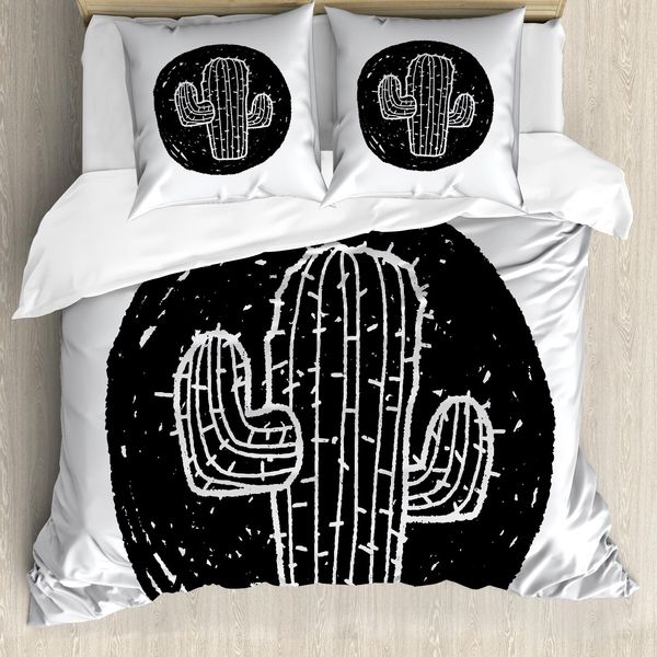 Abakuhaus Copripiumino Cactus, Tema Pianta Saguaro, Antiacaro, Adatto A Chi Soffre Di Allergie, Con Federe, 200 Cm X 200 Cm - 80 X 80 Cm, Bianco E Nero-image