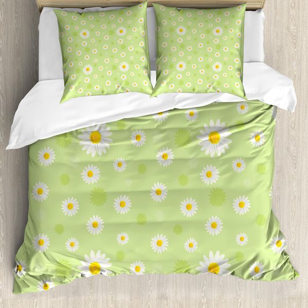 Abakuhaus Copripiumino Giallo E Verde, Margherite Primaverili, Antiacaro, Adatto A Chi Soffre Di Allergie, Con Federe, 155 Cm X 220 Cm - 80 X 80 Cm, Pistacchio E Calendula-image