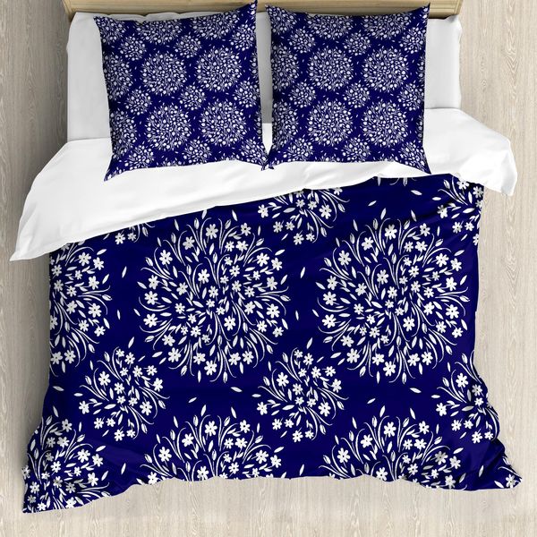 Abakuhaus Marine E Bianco Copripiumino, Motivo Floreale, Antiacaro, Adatto A Chi Soffre Di Allergie, Con Federe, 155 Cm X 220 Cm - 80 X 80 Cm, Indaco Bianco-image