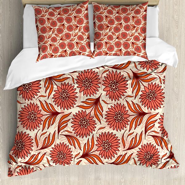 Abakuhaus Copripiumino Corallo, Motivi Gerbera Nostalgici, Antiacaro, Adatto A Chi Soffre Di Allergie, Con Federe, 155 Cm X 220 Cm - 80 X 80 Cm, Corallo Scuro Vermiglio-image