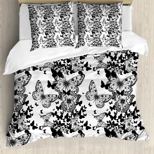 Abakuhaus Set Copripiumino Astratto Per Letti Matrimoniali, Motivo A Farfalle, Antiacaro, Adatto A Chi Soffre Di Allergie, Con Federe, Grigio Antracite E Bianco-image