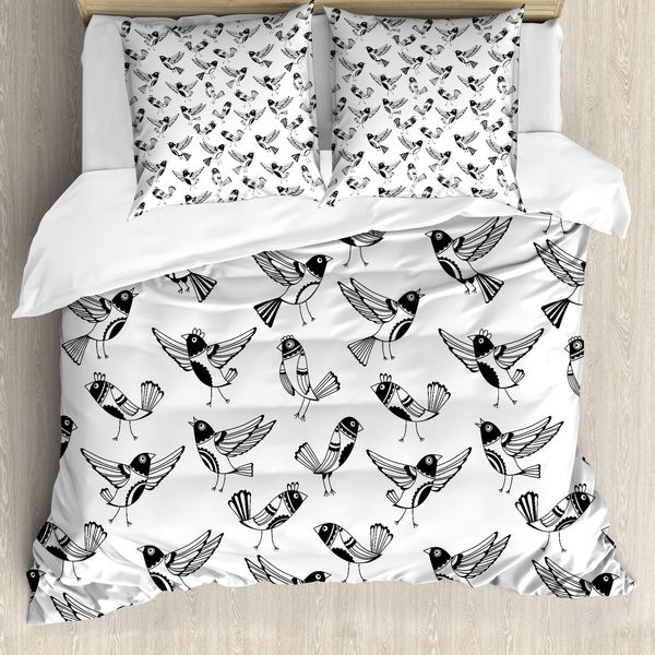 Abakuhaus Copripiumino Bianco E Nero, Uccellini Cartoon, Antiacaro, Adatto A Chi Soffre Di Allergie, Con Federe, 155 Cm X 220 Cm - 80 X 80 Cm, Bianco E Nero-image