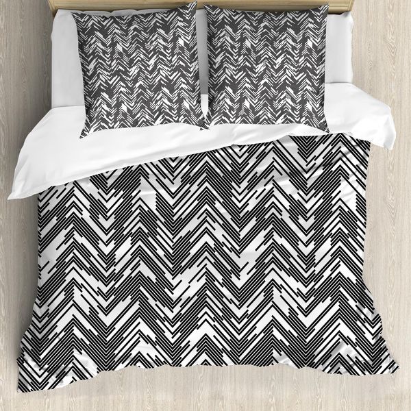 Abakuhaus Copripiumino Bianco E Nero, Motivo Chevron Casuale, Antiacaro, Adatto A Chi Soffre Di Allergie, Con Federe, 200 Cm X 200 Cm - 80 X 80 Cm, Bianco E Nero-image