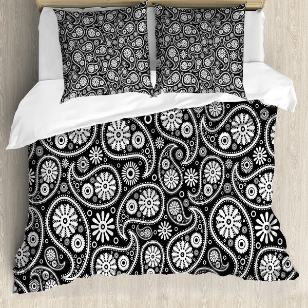 Abakuhaus Copripiumino Bianco E Nero, Stile Paisley, Antiacaro, Adatto A Chi Soffre Di Allergie, Con Federe, 155 Cm X 220 Cm - 80 X 80 Cm, Bianco E Nero-image