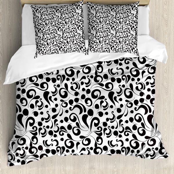Abakuhaus Copripiumino Bianco E Nero, Motivo A Foglie Ricciute, Antiacaro E Anallergico, Con Federe, 200 Cm X 200 Cm - 80 X 80 Cm, Bianco E Nero-image