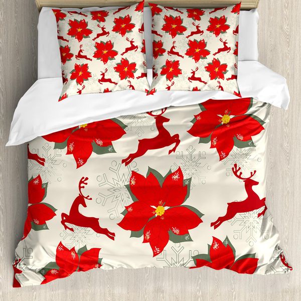 Abakuhaus Copripiumino Natalizio, Poinsettia-Ren, Antiacaro, Adatto A Chi Soffre Di Allergie, Con Federe, 200 Cm X 200 Cm - 80 X 80 Cm, Rosso Rubino Beige-image