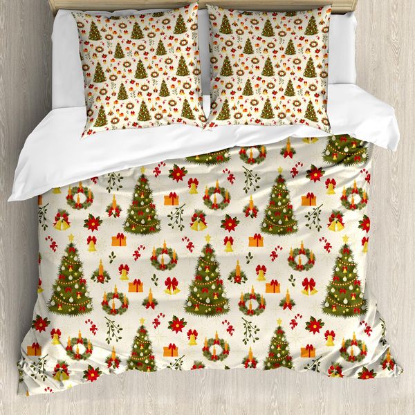 Abakuhaus Copripiumino Natalizio, Alberi E Campane Cartoon, Antiacaro E Anallergico, Con Federe, 155 Cm X 220 Cm - 80 X 80 Cm, Multicolore-image