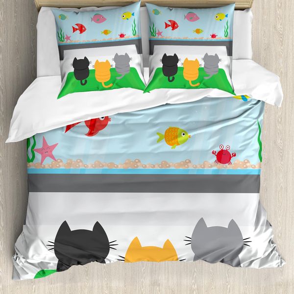 Abakuhaus Copripiumino Per Gatti, Gatti Che Guardano L'acquario, Antiacaro, Adatto A Chi Soffre Di Allergie, Con Federe, 155 Cm X 220 Cm - 80 X 80 Cm, Multicolore-image