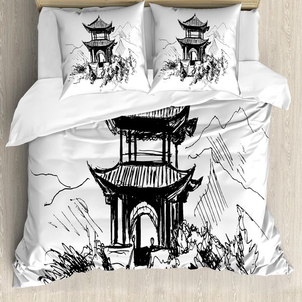 Abakuhaus Copripiumino Vintage Cina, Sketch Pavilion, Antiacaro, Adatto A Chi Soffre Di Allergie, Con Federe, 200 Cm X 200 Cm - 80 X 80 Cm, Bianco E Nero-image