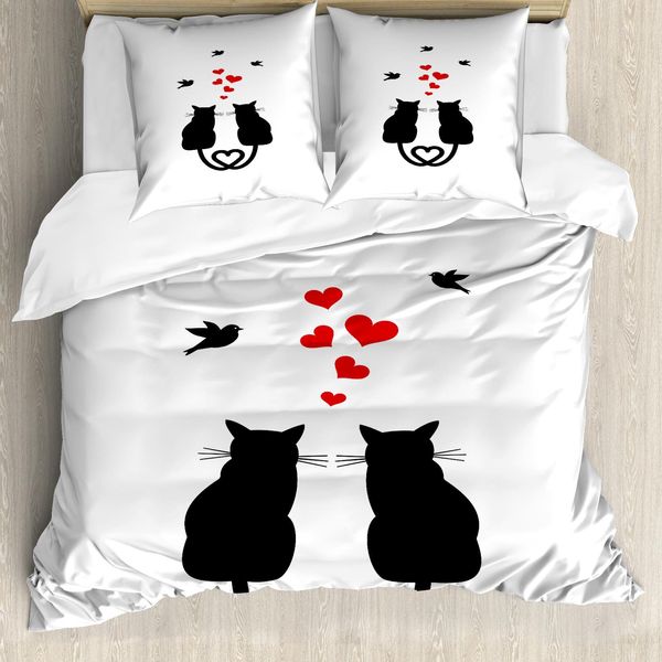 Abakuhaus Copripiumino Love, Gatti Nel Cuore Dell'amore, Antiacaro, Adatto A Chi Soffre Di Allergie, Con Federe, 155 Cm X 220 Cm - 80 X 80 Cm, Rosso, Nero, Bianco-image