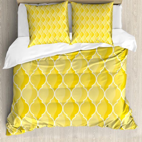 Abakuhaus Copripiumino Giallo, Motivo Marocchino A Traliccio, Antiacaro, Adatto A Chi Soffre Di Allergie, Con Federe, 155 Cm X 220 Cm - 80 X 80 Cm, Giallo Senape-Bianco-image