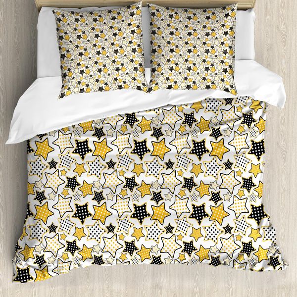 Abakuhaus Copripiumino Giallo, Stelle Retrò A Pois, Antiacaro, Adatto A Chi Soffre Di Allergie, Con Federe, 200 Cm X 200 Cm - 80 X 80 Cm, Marigold Nero Bianco-image