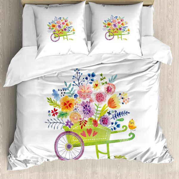 Abakuhaus Copripiumino Con Motivi Floreali, Carriola Con Fiori, Antiacaro, Adatto A Chi Soffre Di Allergie, Con Federe, 200 Cm X 200 Cm - 80 X 80 Cm, Multicolore-image
