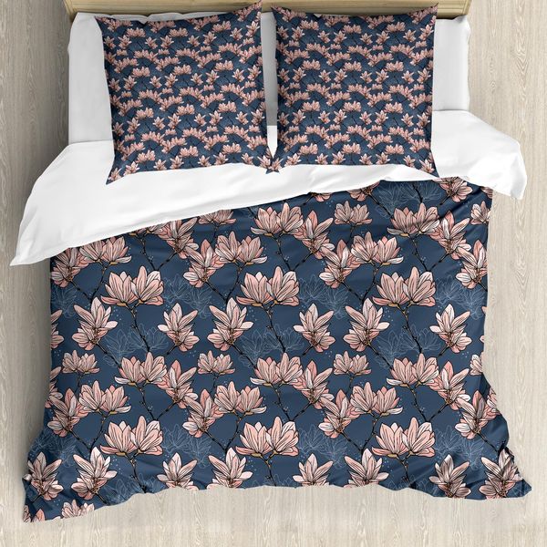 Abakuhaus Set Copripiumino Per Letti Matrimoniali, Fiori Di Magnolia Giappone, Antiacaro, Adatto A Chi Soffre Di Allergie, Con Federe, Blu Scuro Rosso Corallo-image