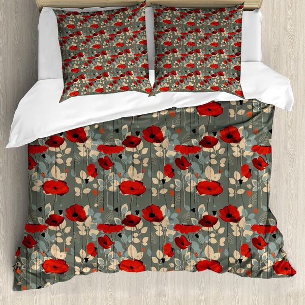 Abakuhaus Copripiumino Mohn, Modern Flower Garden, Antiacaro, Adatto A Chi Soffre Di Allergie, Con Federe, 200 Cm X 200 Cm - 80 X 80 Cm, Grigio, Rosso, Beige-image