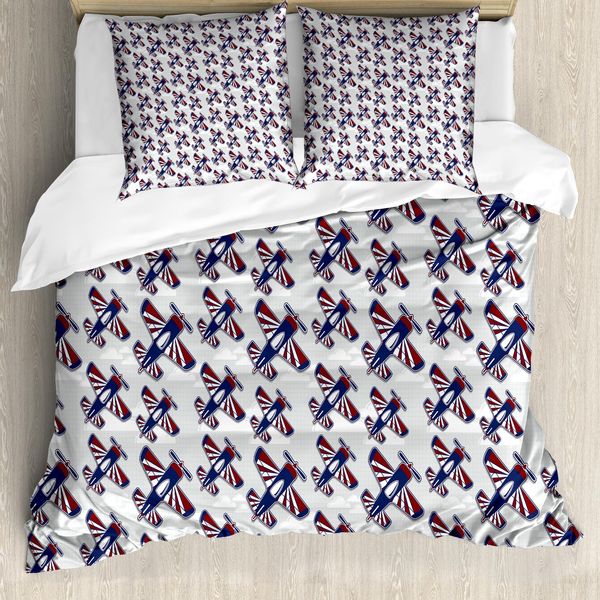 Abakuhaus Copripiumino Aerei, Dirigibili Sopra Le Nuvole, Antiacaro, Adatto A Chi Soffre Di Allergie, Con Federe, 200 Cm X 200 Cm - 80 X 80 Cm, Blu Navy, Rosso, Bianco-image