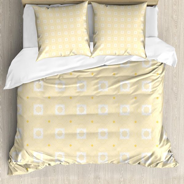 Abakuhaus Quatrefoil Copripiumino, Lattice Girih, Antiacaro Adatto A Chi Soffre Di Allergie Con Federe, 155 Cm X 220 Cm - 80 X 80 Cm, Giallo Senape-Bianco-image
