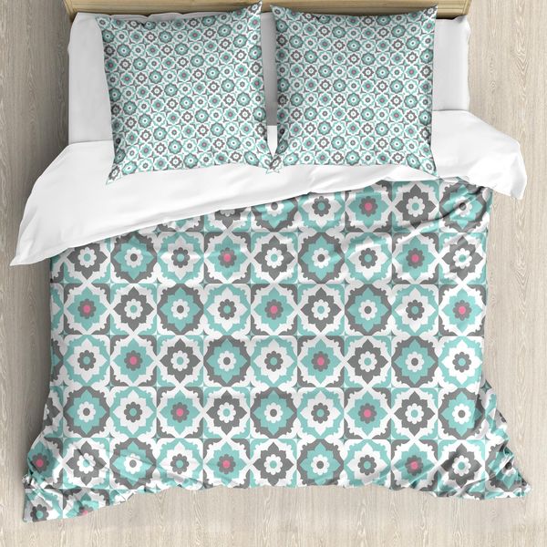 Abakuhaus Copripiumino Quatrefoil, Fiori Retrò Color Pastello, Antiacaro, Adatto A Chi Soffre Di Allergie, Con Federe, 155 Cm X 220 Cm - 80 X 80 Cm, Turchese, Grigio, Bianco-image