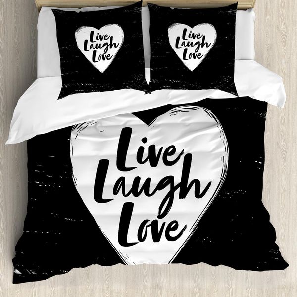 Abakuhaus Vivi, Ridi, Ama Copripiumino, Cuore E Parole, Antiacaro, Adatto A Chi Soffre Di Allergie, Con Federe, 155 Cm X 220 Cm - 80 X 80 Cm, Bianco E Nero-image