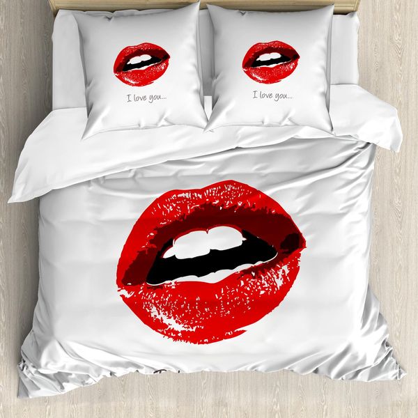 Abakuhaus Ti Amo Copripiumino, Labbra Femminili Seducenti, Antiacaro Adatto A Chi Soffre Di Allergie Con Federe, 200 Cm X 200 Cm - 80 X 80 Cm, Rosso, Bianco, Nero-image