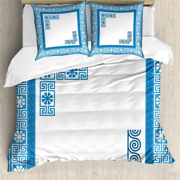 Abakuhaus Copripiumino Greek Key, Motivo Floreale Vintage, Antiacaro E Anallergico, Con Federe, 155 Cm X 220 Cm - 80 X 80 Cm, Blu E Bianco-image