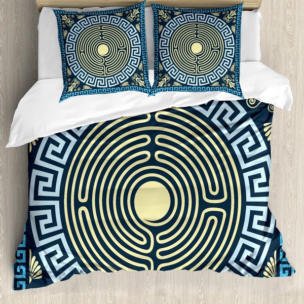 Abakuhaus Copripiumino Greek Key, Labirinto, Antiacaro, Adatto A Chi Soffre Di Allergie, Con Federe, 155 Cm X 220 Cm - 80 X 80 Cm, Giallo Pallido E Blu-image