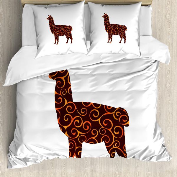 Abakuhaus Copripiumino Lama, Linee Animal Silhouette, Antiacaro, Adatto A Chi Soffre Di Allergie, Con Federe, 155 Cm X 220 Cm - 80 X 80 Cm, Arancione Marrone-image