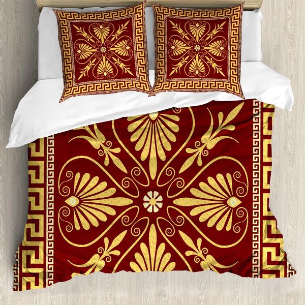 Abakuhaus Copripiumino Greek Key, Labirinto E Fiori, Antiacaro, Adatto A Chi Soffre Di Allergie, Con Federe, 155 Cm X 220 Cm - 80 X 80 Cm, Giallo Rubino-image