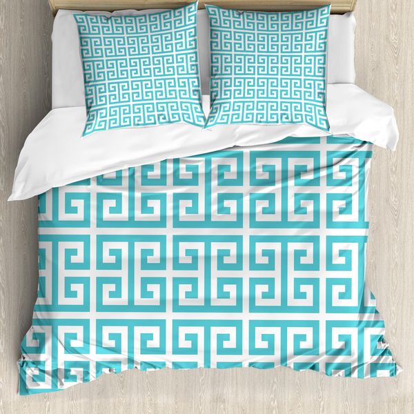 Abakuhaus Copripiumino Greek Key, Blu E Bianco Fret, Antiacaro E Anallergico, Con Federe, 155 Cm X 220 Cm - 80 X 80 Cm, Bianco Seafoam-image