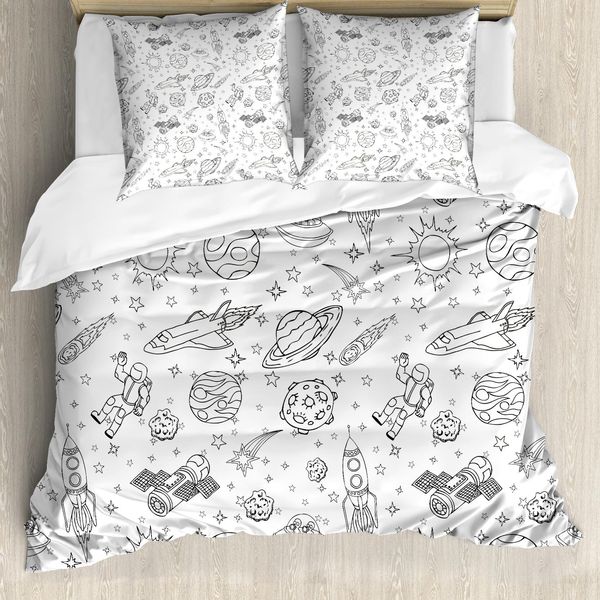 Abakuhaus Copripiumino Per Asilo Nido, Doodle Sistema Solare Spazio, Antiacaro Adatto A Chi Soffre Di Allergie Con Federe, 200 Cm X 200 Cm - 80 X 80 Cm, Bianco Nero-image