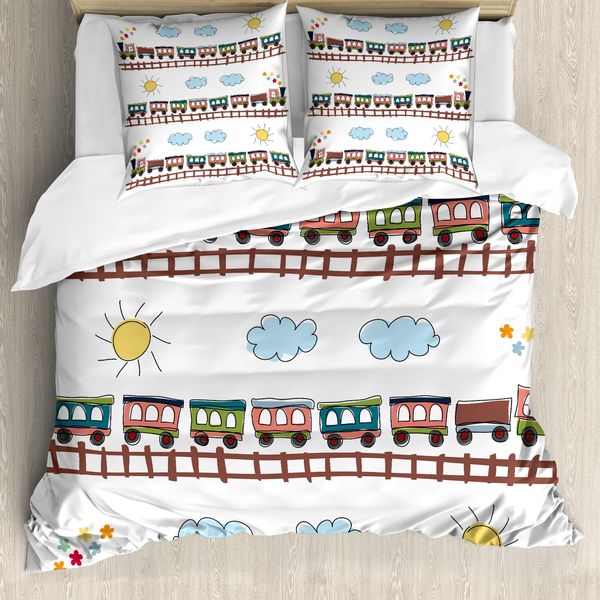 Abakuhaus Copripiumino Per Asilo Nido, Cartoon-Zug Tracklines, Antiacaro, Adatto A Chi Soffre Di Allergie, Con Federe, 200 Cm X 200 Cm - 80 X 80 Cm, Multicolore-image