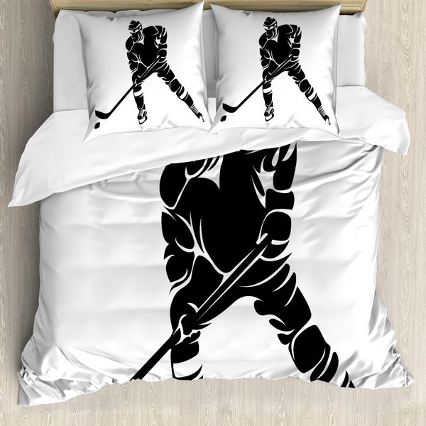 Abakuhaus Copripiumino Da Hockey Su Ghiaccio, Gioco Silhouette Nero, Antiacaro, Adatto A Chi Soffre Di Allergie, Con Federe, 155 Cm X 220 Cm - 80 X 80 Cm, Bianco E Nero-image