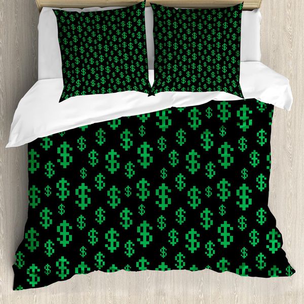 Abakuhaus Copripiumino, Motivo Pixel Art Con Dollari, Antiacaro, Adatto A Chi Soffre Di Allergie, Con Federe, 200 Cm X 200 Cm - 80 X 80 Cm, Verde Scuro Verde Lime-image