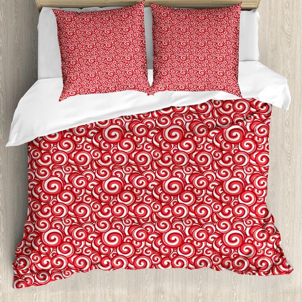 Abakuhaus Set Copripiumino Per Letti Matrimoniali, Festive Spiral Doodles, Antiacaro E Anallergico Con Federe, Bianco Corallo Rosso Rubino-image