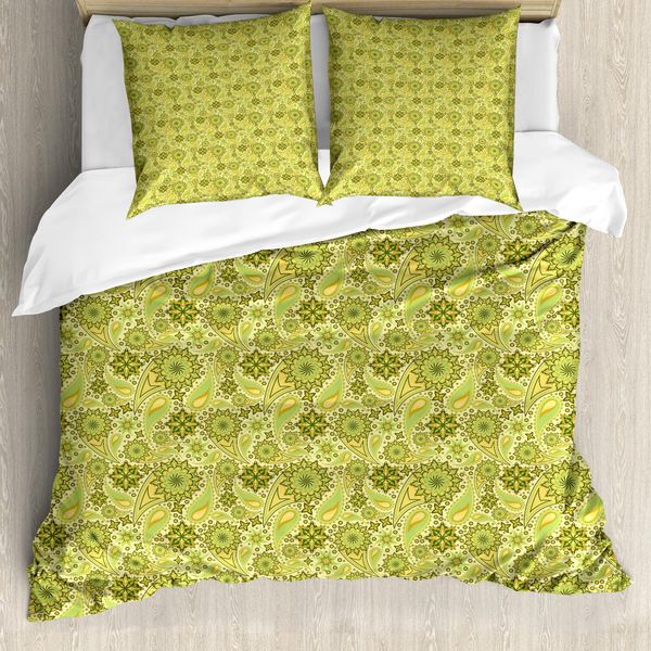 Abakuhaus Copripiumino Etnico, Motivi Paisley, Antiacaro, Adatto A Chi Soffre Di Allergie, Con Federe, 200 Cm X 200 Cm - 80 X 80 Cm, Lime E Verde Avocado-image