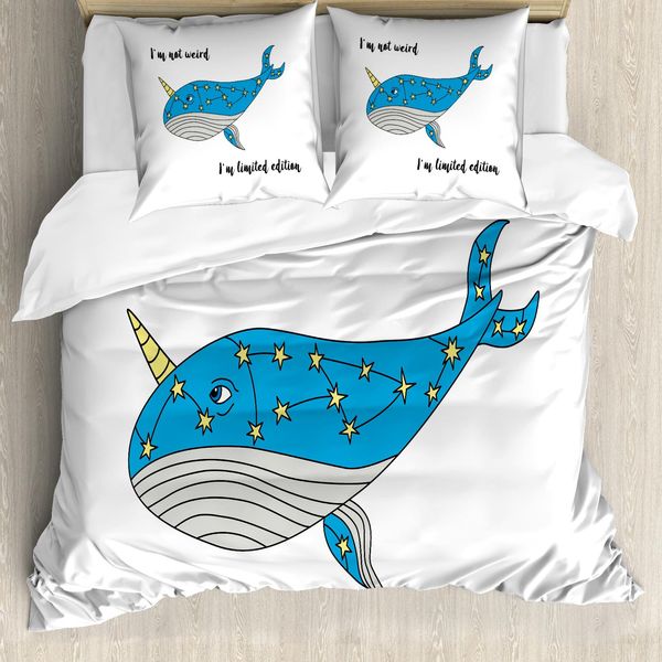 Abakuhaus Narwal Copripiumino, Disegnato A Mano Balena Blu, Antiacaro Adatto A Chi Soffre Di Allergie Con Federe, 200 Cm X 200 Cm - 80 X 80 Cm, Blu Azzurro, Grigio, Giallo-image