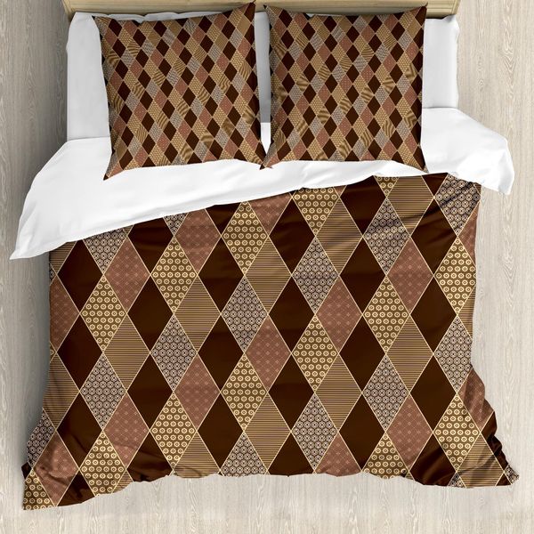 Abakuhaus Copripiumino Color Terra, Motivo A Rombi, Antiacaro, Adatto A Chi Soffre Di Allergie, Con Federe, 155 Cm X 220 Cm - 80 X 80 Cm, Marrone Giallo-image