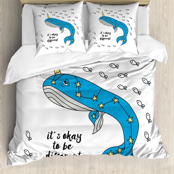 Abakuhaus Copripiumino Narwal, Balena Blu Cartoon, Antiacaro, Adatto A Chi Soffre Di Allergie, Con Federe, 155 Cm X 220 Cm - 80 X 80 Cm, Blu Azzurro, Grigio, Giallo-image