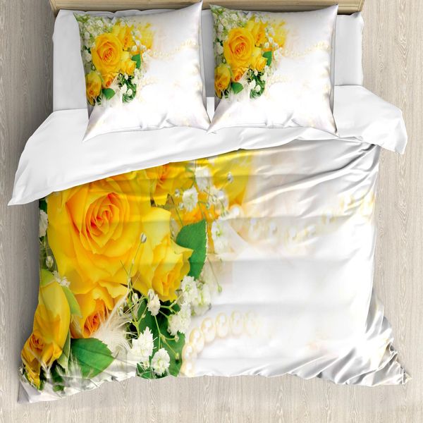 Abakuhaus Copripiumino Giallo, Bouquet Di Fiori Romantici, Antiacaro, Adatto A Chi Soffre Di Allergie, Con Federe, 200 Cm X 200 Cm - 80 X 80 Cm, Giallo Perla Verde Felce-image