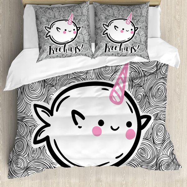 Abakuhaus Copripiumino Narval, Motivo Astratto Con Balena, Antiacaro, Adatto A Chi Soffre Di Allergie, Con Federe, 155 Cm X 220 Cm - 80 X 80 Cm, Rosa-Nero-Bianco-image