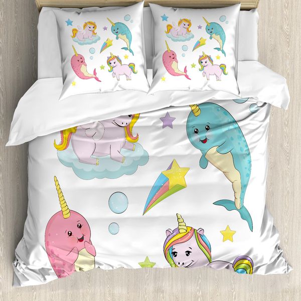 Abakuhaus Narwal Copripiumino, Animali Arcobaleno Colorati, Antiacaro, Adatto A Chi Soffre Di Allergie, Con Federe, 155 Cm X 220 Cm - 80 X 80 Cm, Multicolore-image