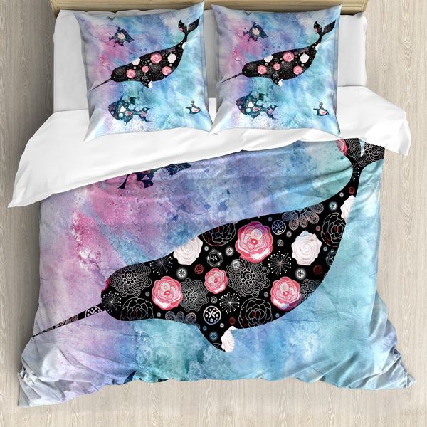 Abakuhaus Narwal Copripiumino, Motivo Floreale Con Balene E Pesci, Antiacaro, Adatto A Chi Soffre Di Allergie, Con Federe, 155 Cm X 220 Cm - 80 X 80 Cm, Multicolore-image