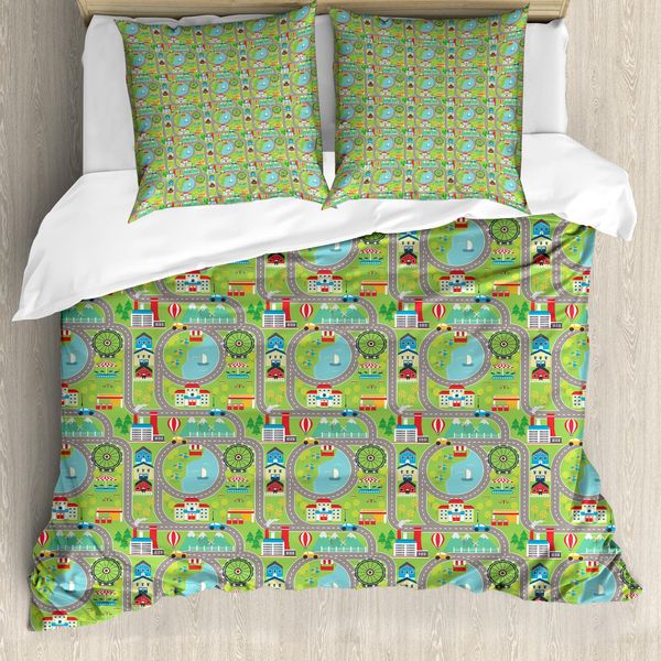 Abakuhaus Copripiumino Con Pista Automobilistica, Cartoon Stadt, Antiacaro, Adatto A Chi Soffre Di Allergie, Con Federe, 200 Cm X 200 Cm - 80 X 80 Cm, Multicolore-image