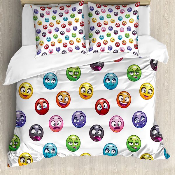 Abakuhaus Copripiumino Con Emoticon, Diverse Faccine Dei Cartoni Animati, Antiacaro, Adatto A Chi Soffre Di Allergie, Con Federe, 155 Cm X 220 Cm - 80 X 80 Cm, Multicolore-image
