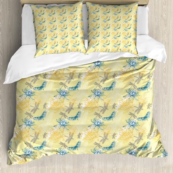 Abakuhaus Set Copripiumino Libelle Per Letti Matrimoniali, Ninfee Artistico, Antiacaro Adatto A Chi Soffre Di Allergie Con Federe, Giallo Chiaro Blu-image