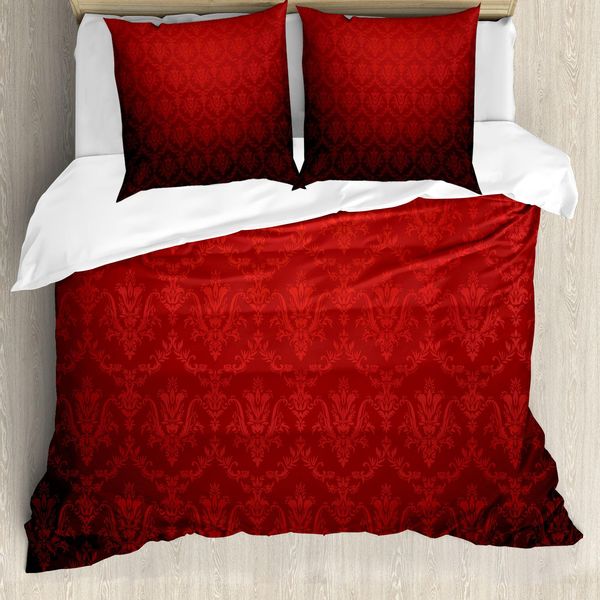 Abakuhaus Copripiumino Rosso Scuro, Stile Floreale Vintage Sfumato, Antiacaro E Anallergico Con Federe, 200 Cm X 200 Cm - 80 X 80 Cm, Rosso Nero-image